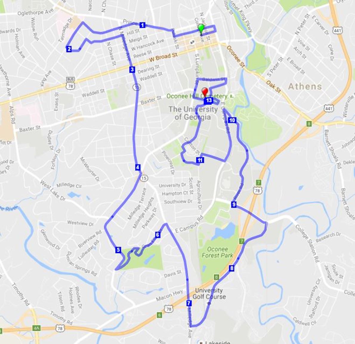 Athhalf - Athens, Georgia Half Marathon Route Map