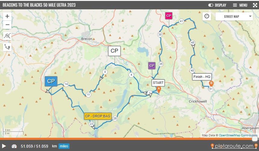 Beacons to the Blacks Ultra 50 mi, 32 mi, Marathon & Half Marathon  Route Map