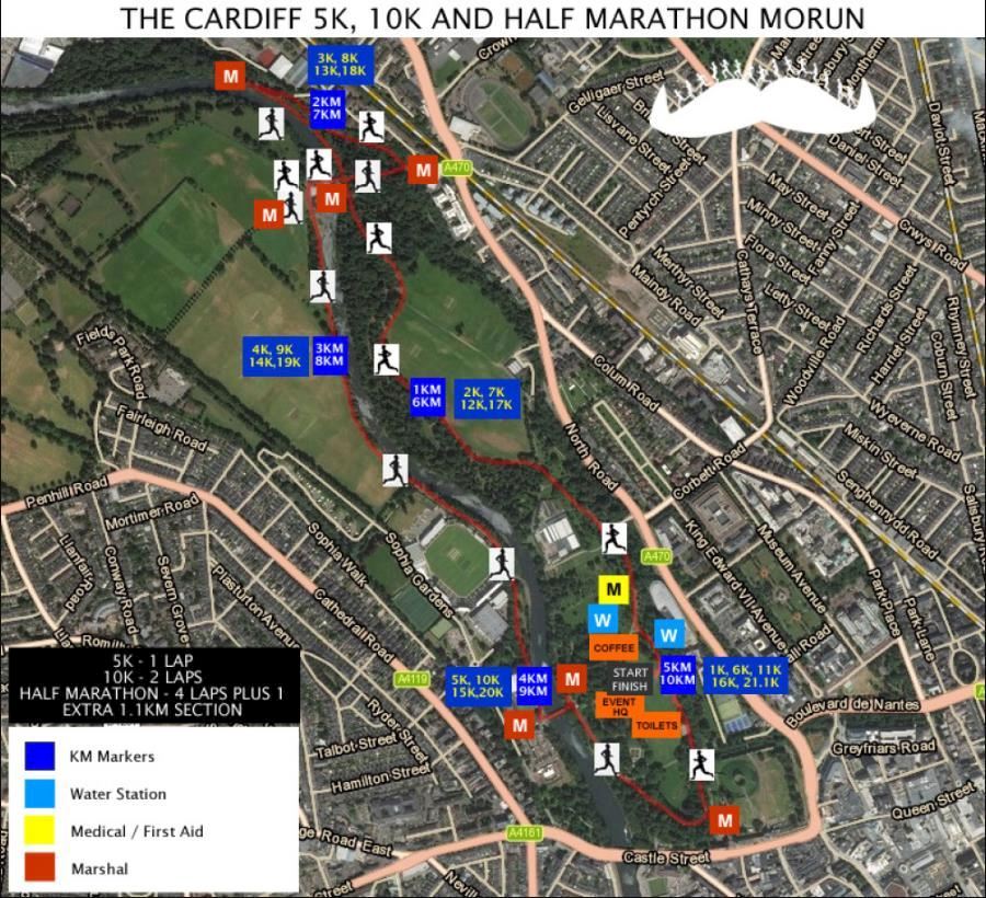 Cardiff 1.5k, 5k,10k & Half Marathon MoRun Routenkarte