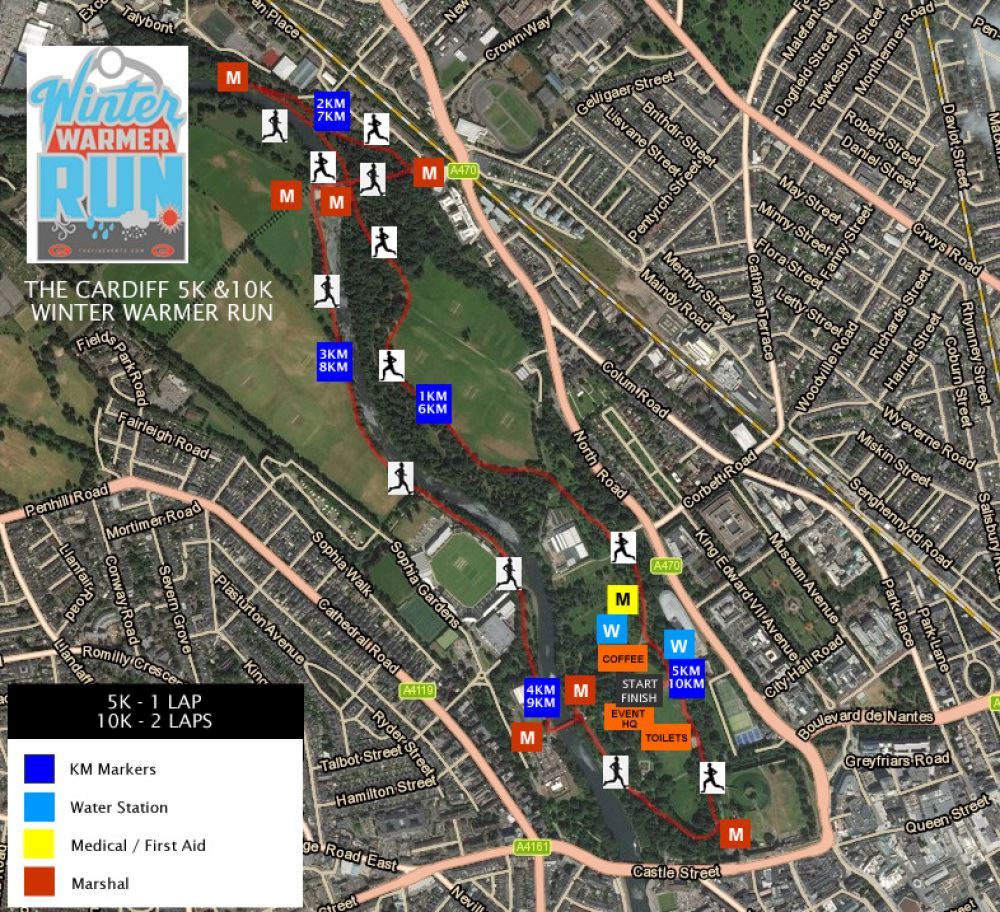 Cardiff 5k, 10k and Half Marathon Winter Warmer Run Mappa del percorso