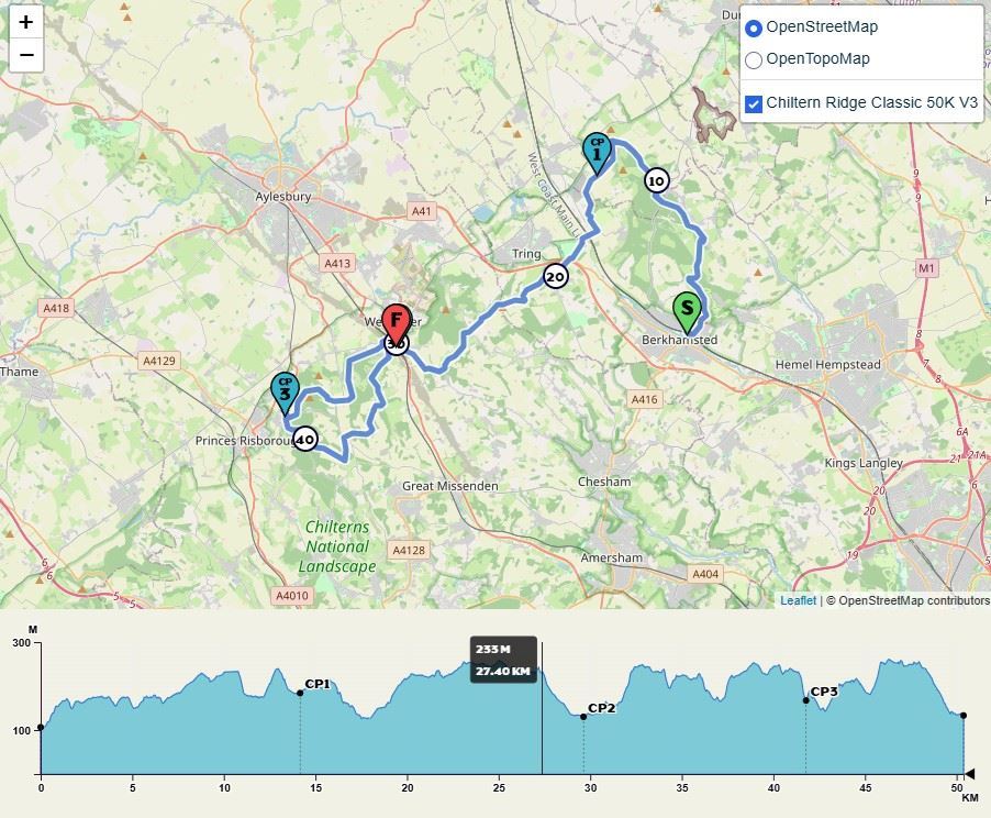 Chiltern Ridge Classic 50K Routenkarte