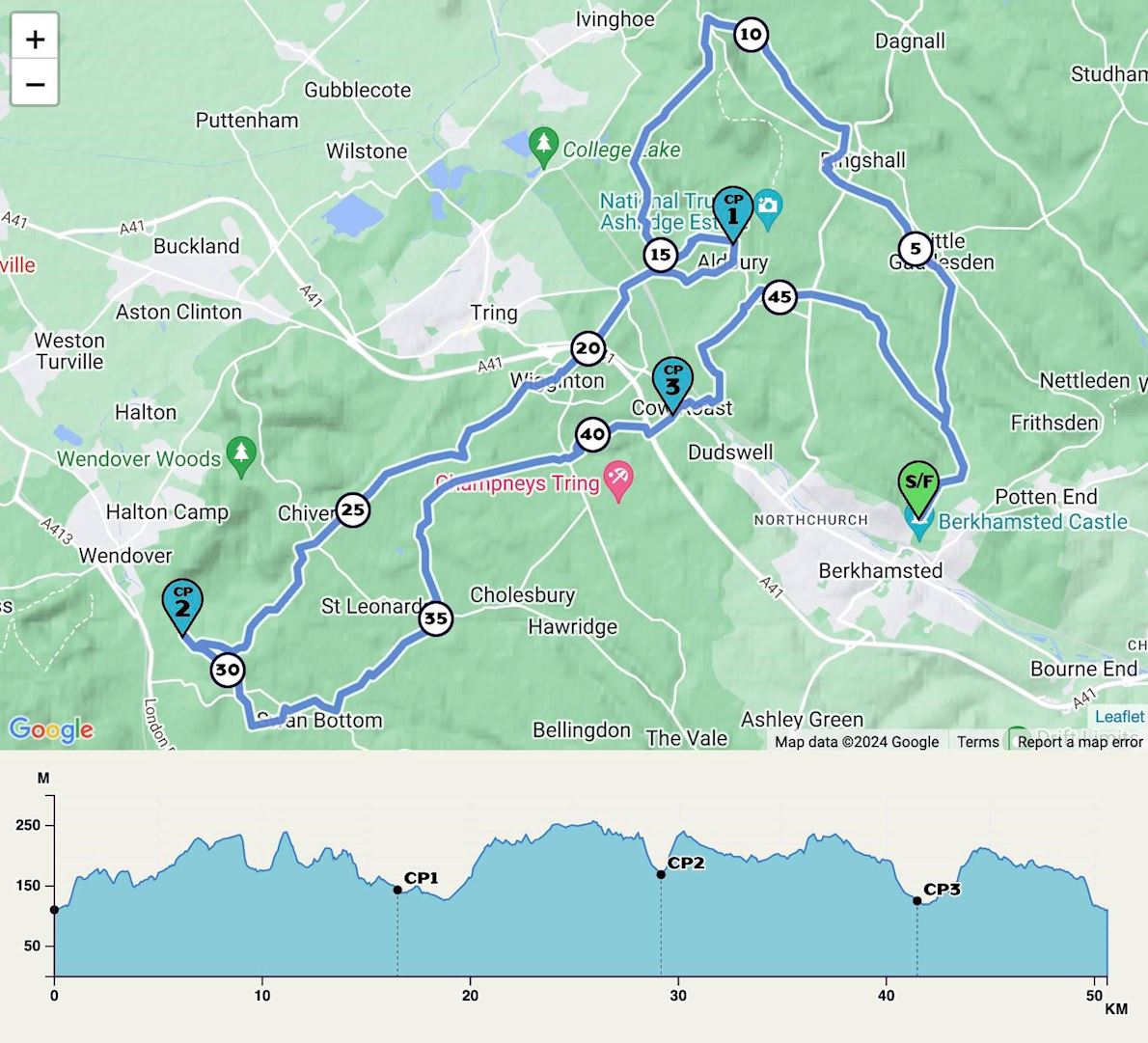 Chiltern Ridge Winter 50K Route Map