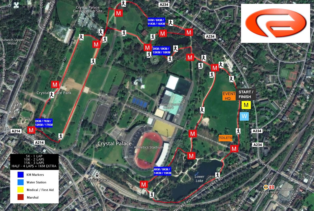 Conquer Crystal Palace Autumn 5k 10k 15k and Half Marathon Route Map