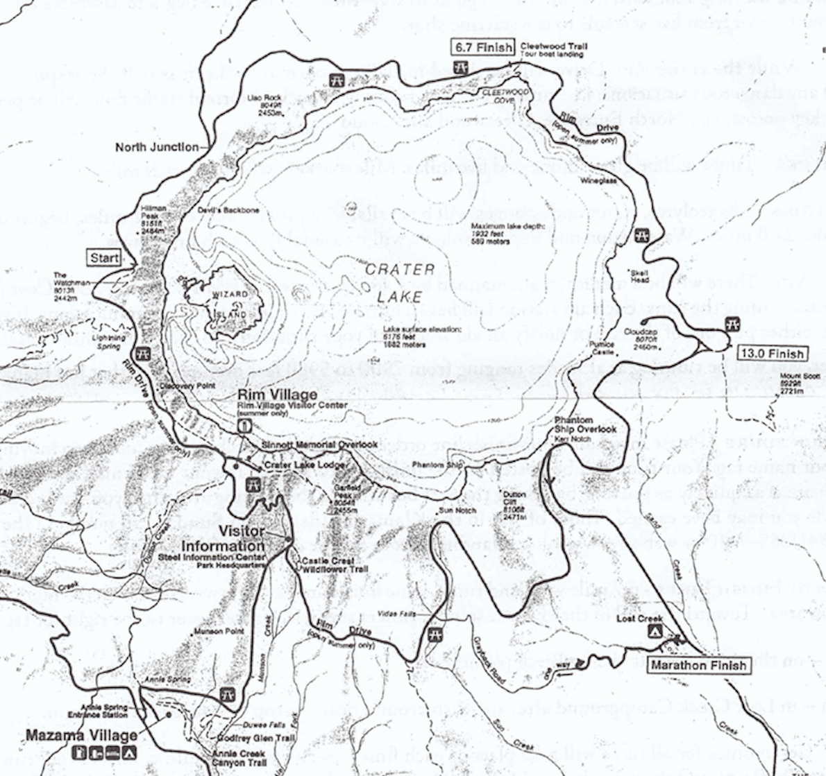 Crater Lake Rim Runs Routenkarte