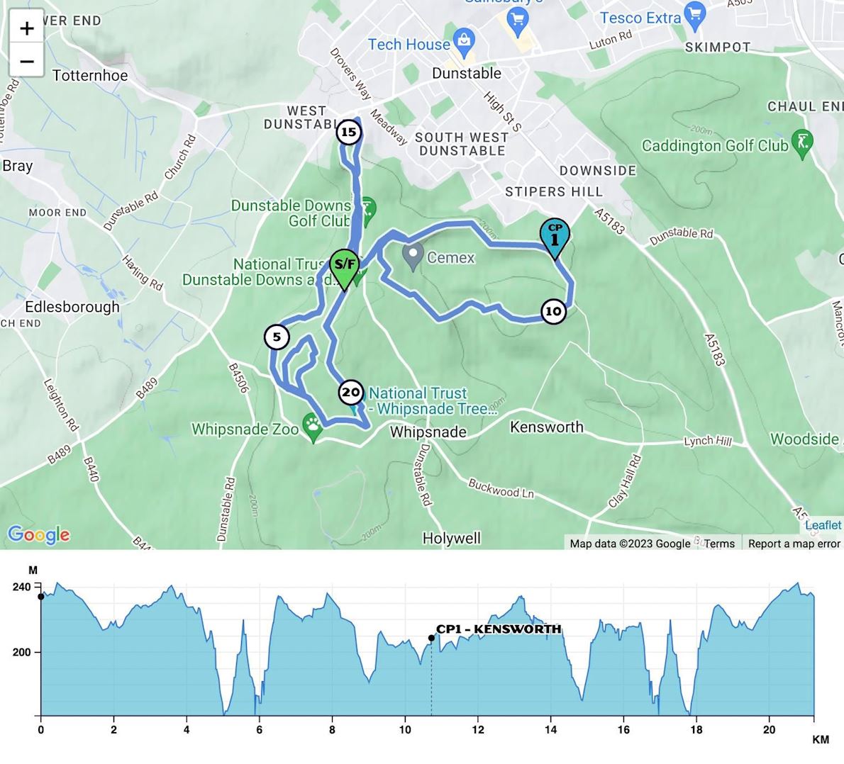 Dunstable Downs Half Marathon Route Map