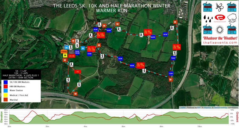 Leeds 5k, 10k and Half Marathon Winter Warmer Run Route Map