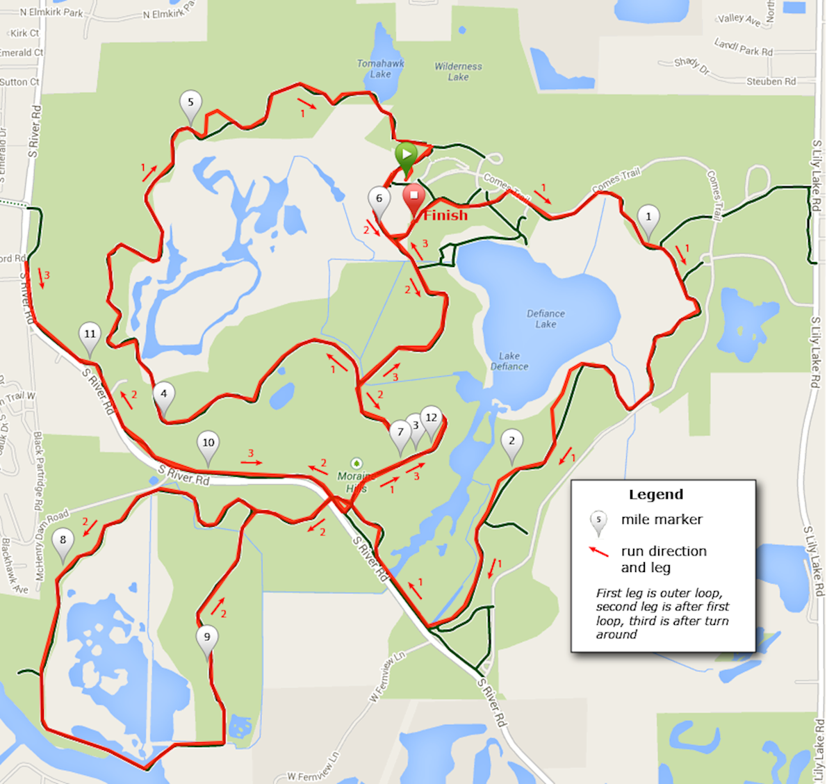 Moraine Hills Run for the Hills 10K and Half Marathon Route Map