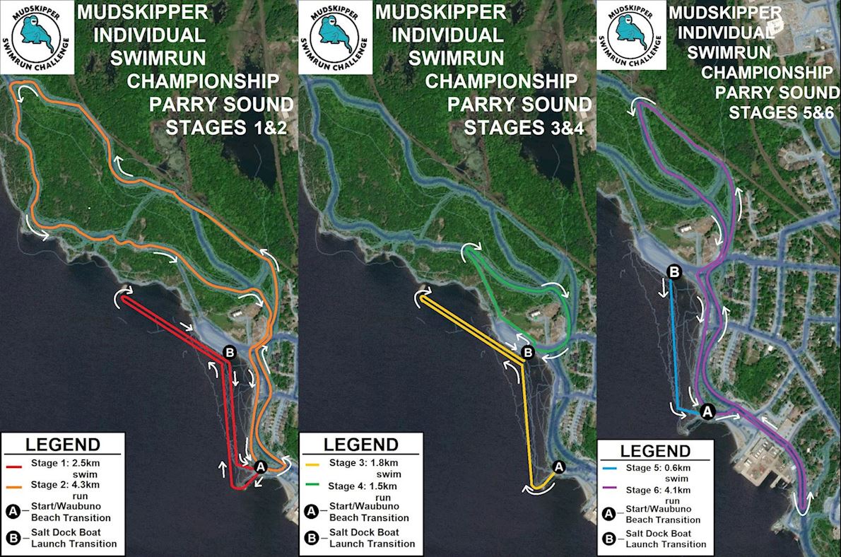 Mudskipper Canadian Individual SwimRun Championships and Parry Sound 15K Open Water Swim Route Map