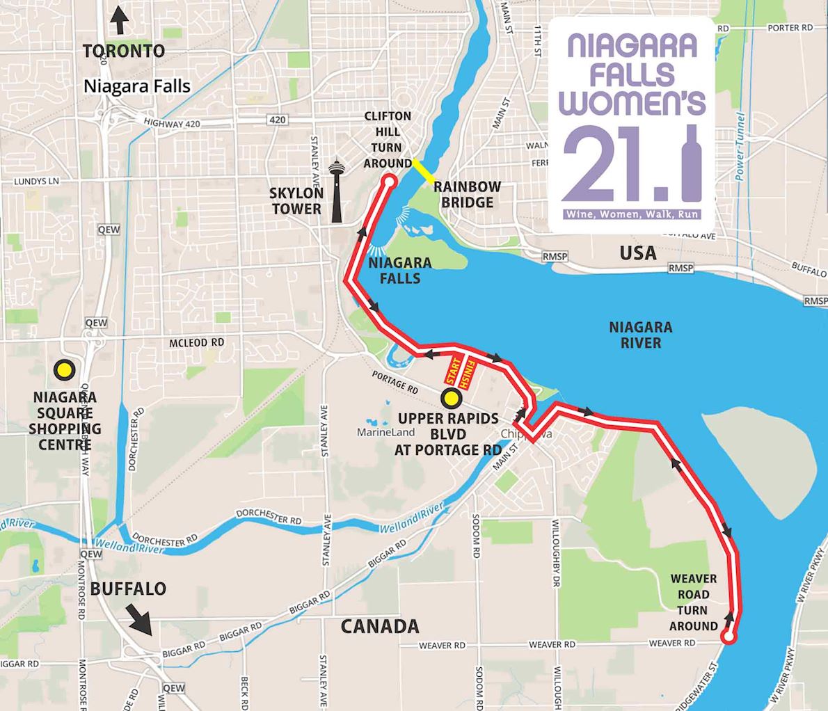 Niagara Falls Women’s Half Marathon & 5K Routenkarte