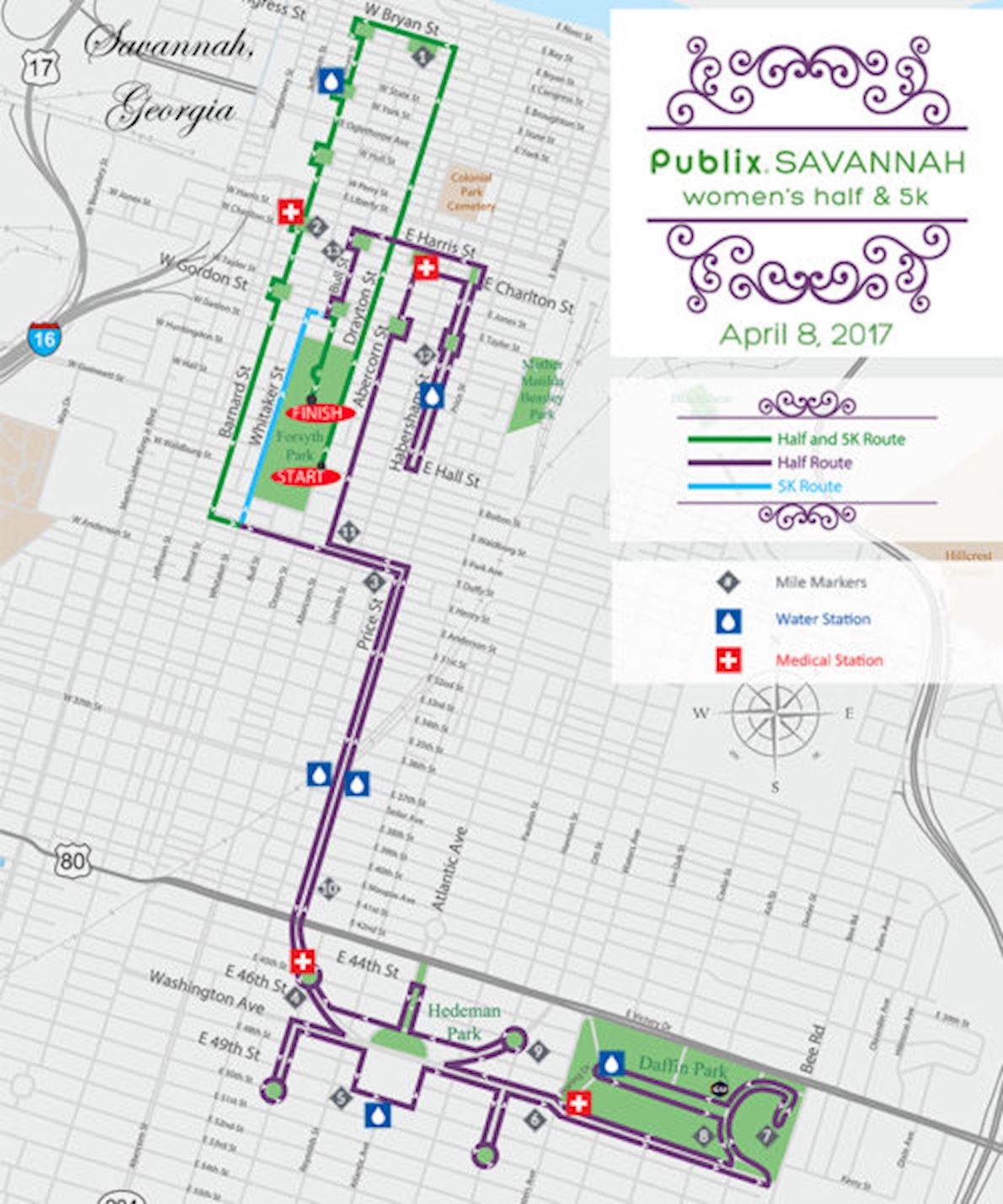 Publix Savannah Women's Half Marathon & 5K Route Map