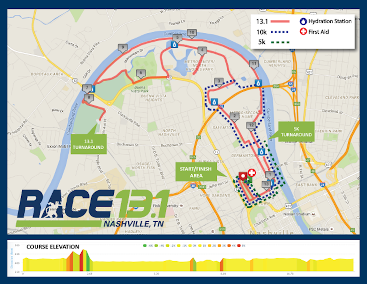 Race 13.1 Nashville, TN Mappa del percorso