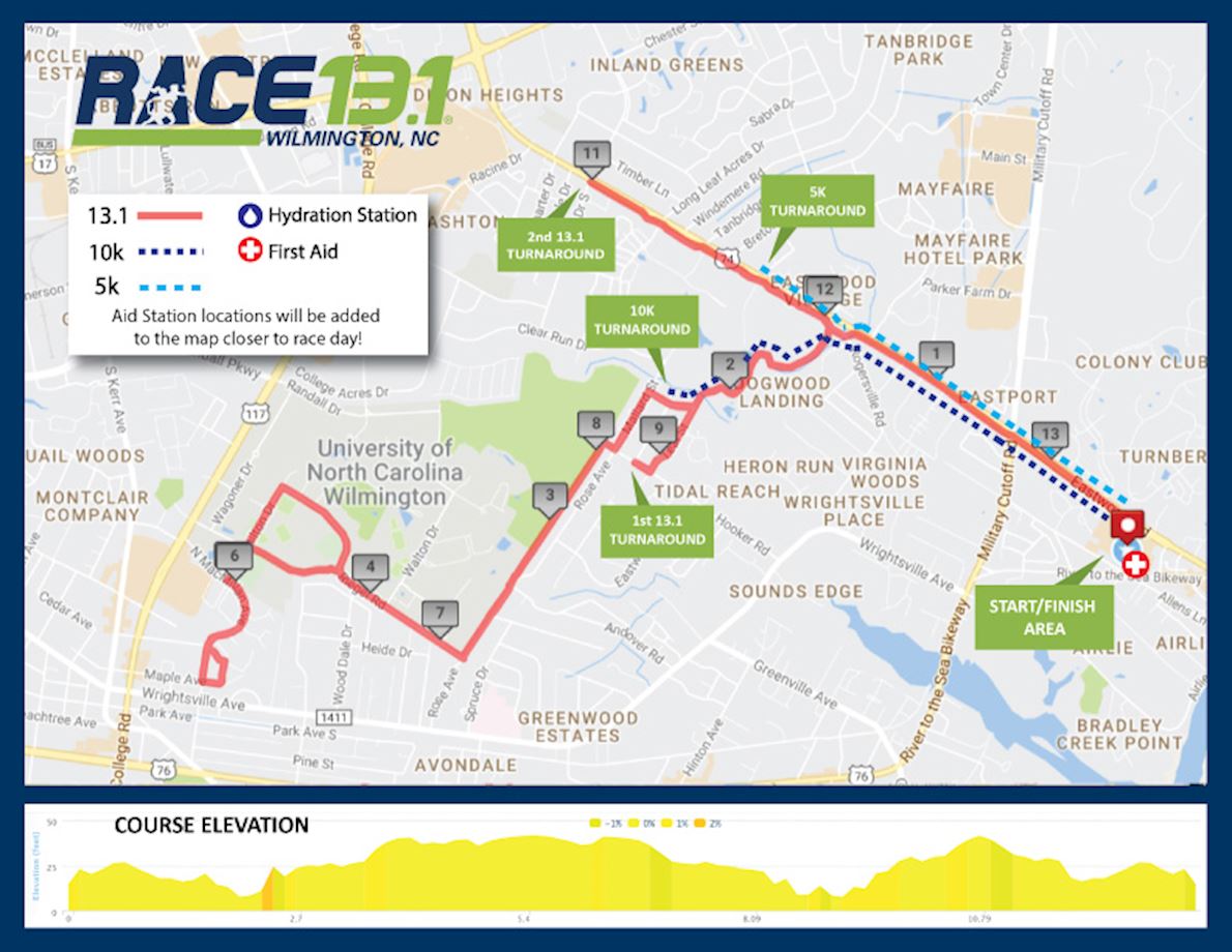 Race 13.1 Wilmington Half Marathon Mappa del percorso