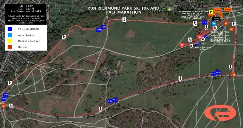 Richmond Park 5k, 10k and Half Marathon - April MAPA DEL RECORRIDO DE