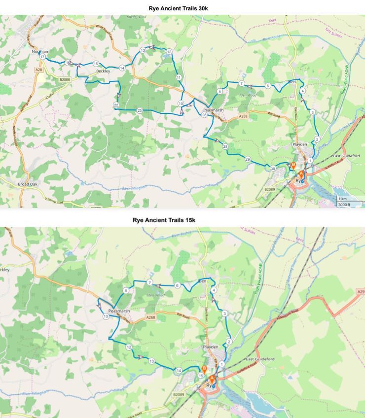 Rye Ancient Trails 30K and 15K Mappa del percorso
