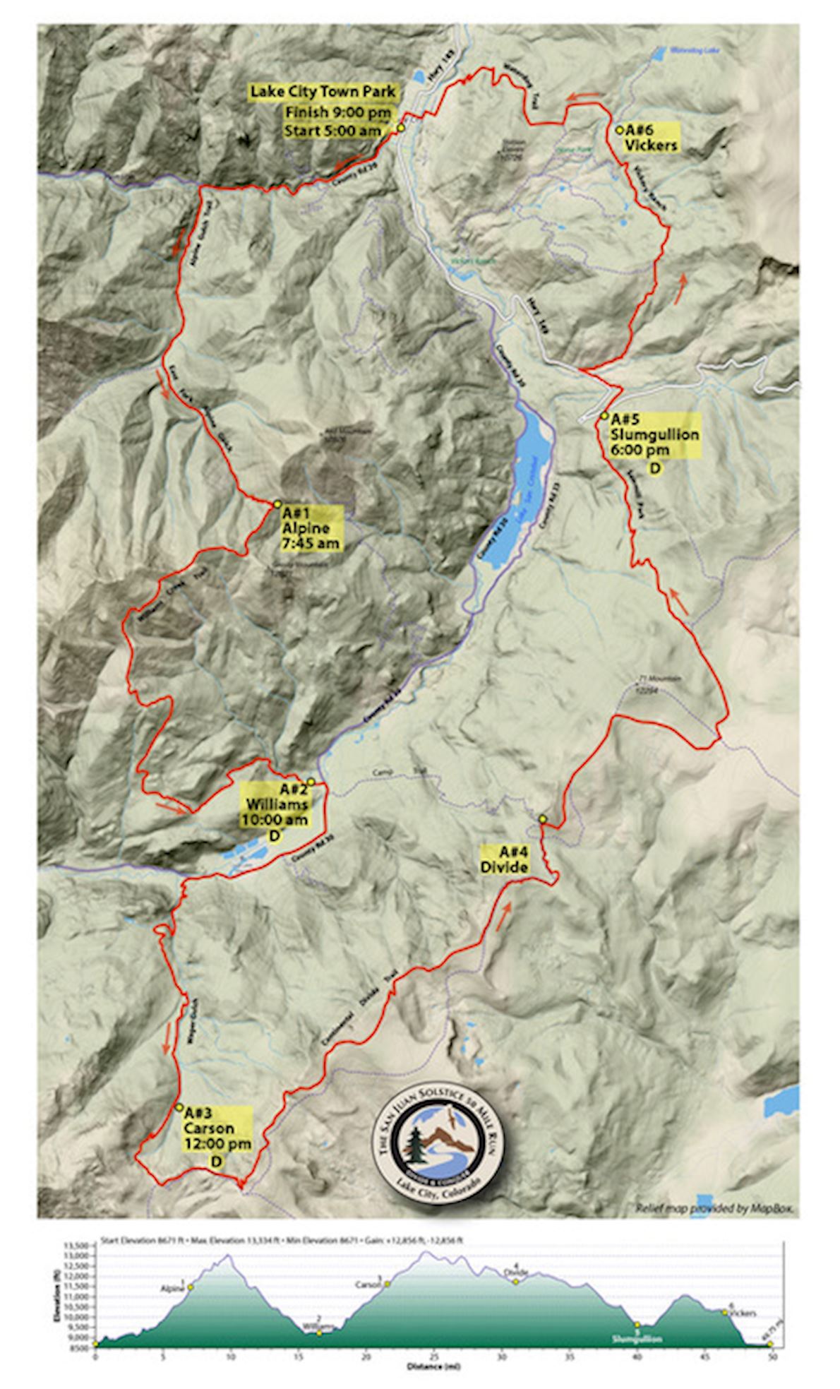 San Juan Solstice 50 Mile Run Route Map