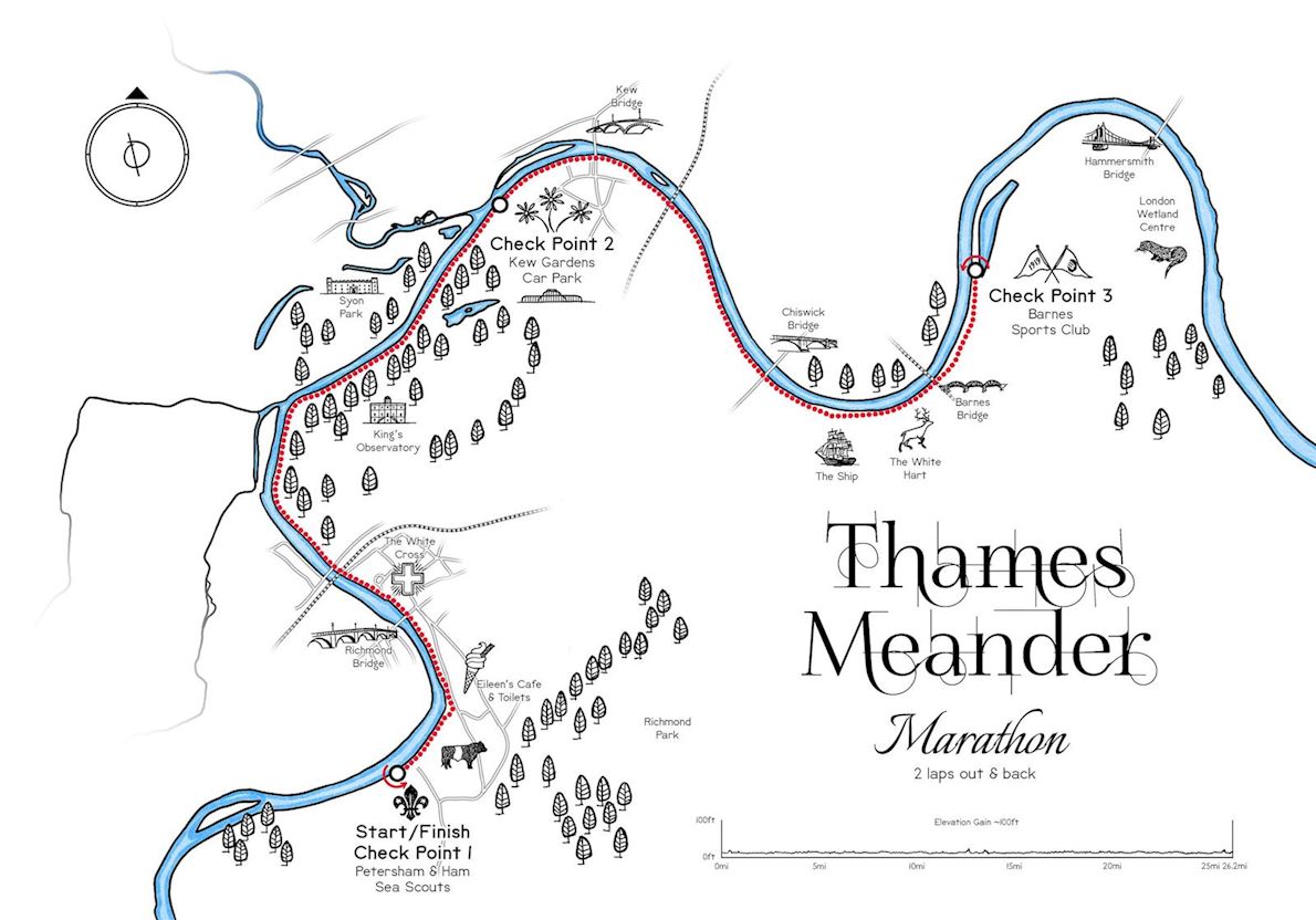 Thames Meander Spring 10km, Half Marathon & Marathon  Route Map