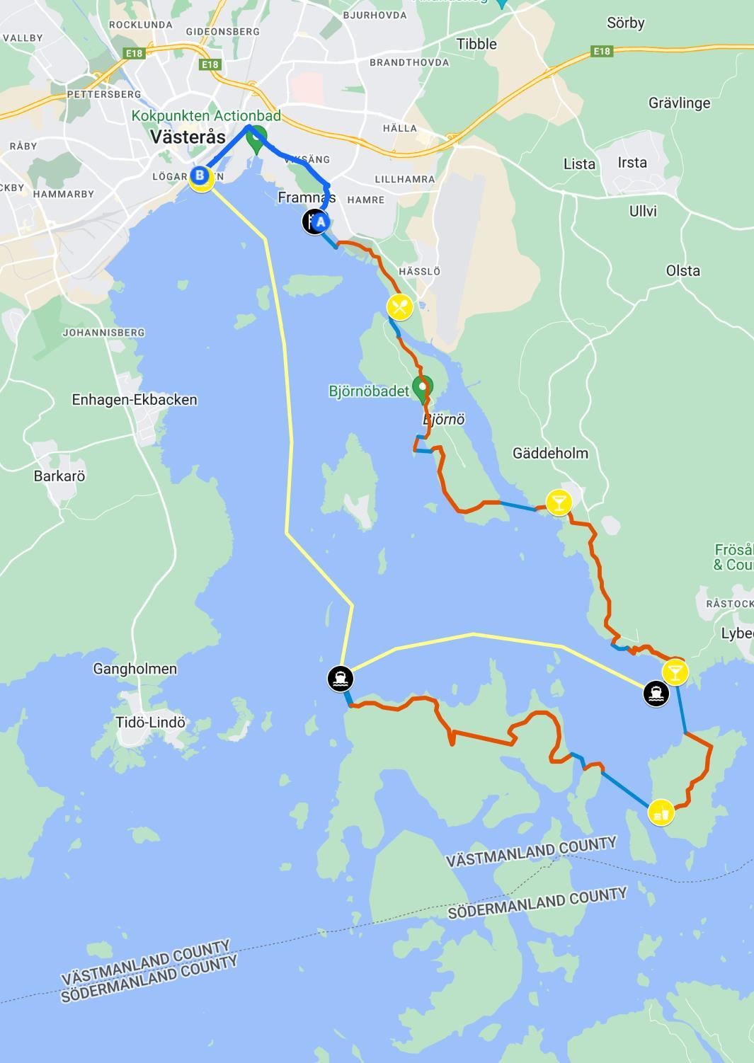 Västerås Swimrun 路线图